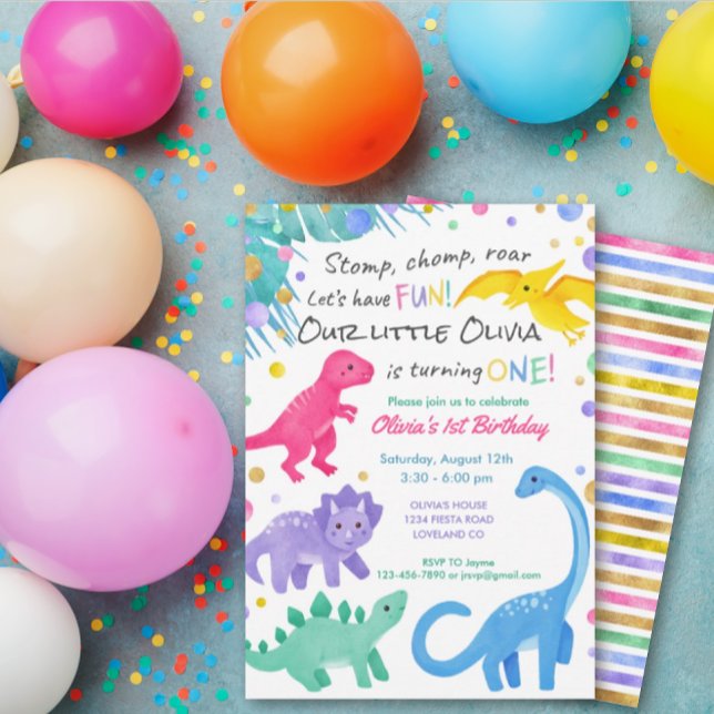 Dinosaur Girl 1st Birthday Invitation Colourful (Creator Uploaded)