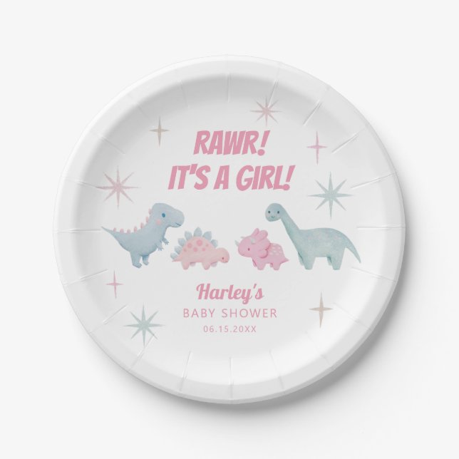 Dinosaur Girl Baby Shower Pink Paper Plate (Front)