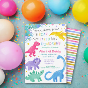Dinosaur Girl Birthday Invitation Colourful Cute