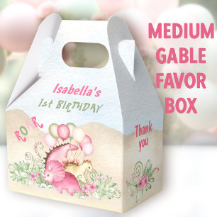 Dinosaur Girl Pastel Pink Green Birthday Medium Favour Box