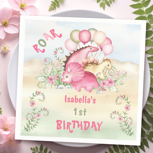 Dinosaur Girl Pink Pastel Cute Floral 1st Birthday Napkin (Dinosaur Girl Pink Pastel Cute Floral 1st Birthday Napkins)