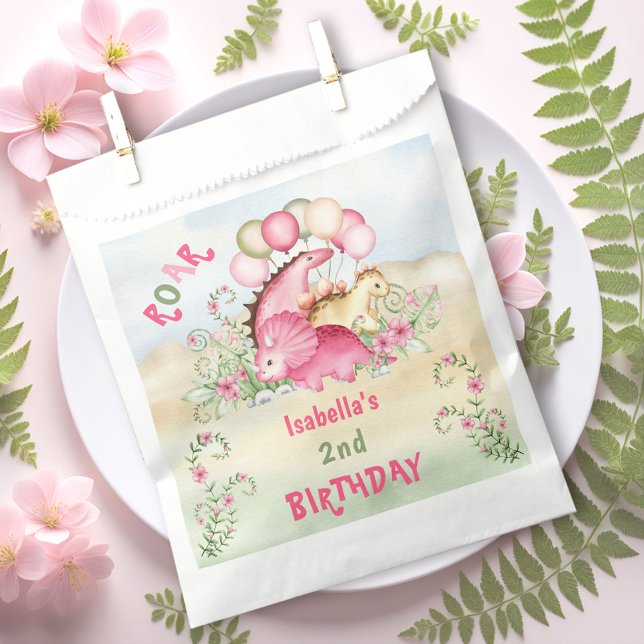 Dinosaur Girl Pink Pastel Cute Floral 2nd Birthday Favour Bags (Dinosaur Girl Pink Pastel Cute Floral 2nd Birthday Favor Bag)