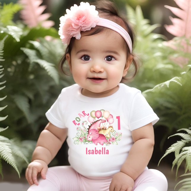 Dinosaur Girl Pink Pastel Floral Name 1st Birthday Baby T-Shirt (Dinosaur Girl Pink Pastel Cute Floral 1st Birthday Baby T-Shirt)