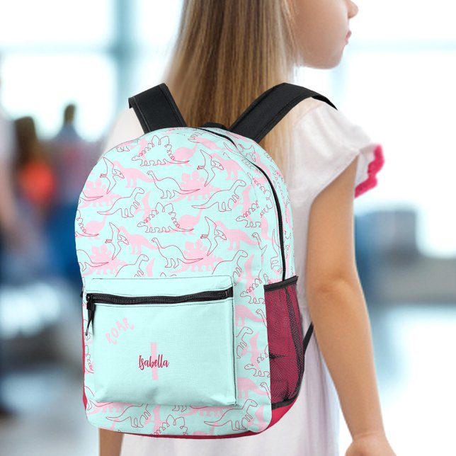 Dinosaur Girl Turquoise Blue Pink Name Monogram Printed Backpack (Dinosaur Girl Turquoise Blue Pink Name Monogram Printed Backpack)