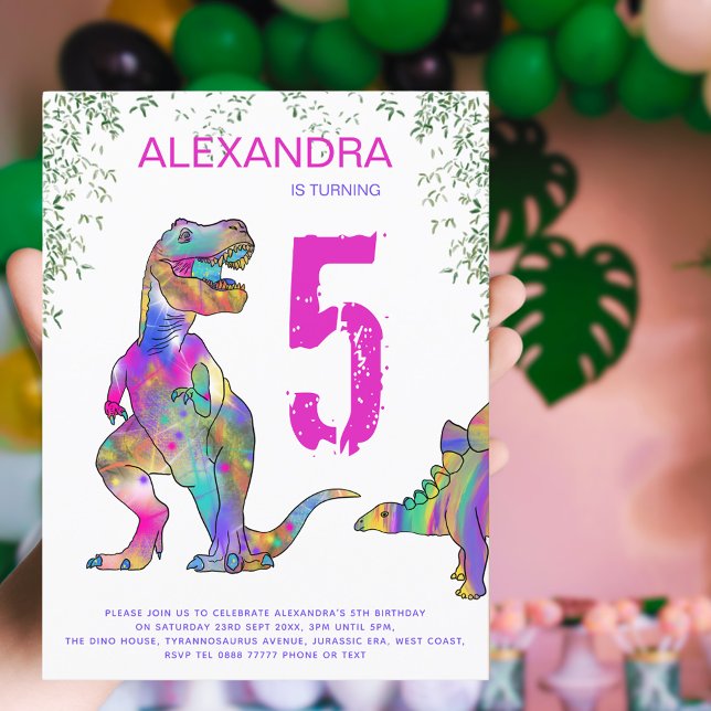 Dinosaur Girls 5th Birthday Party budget Invitation Postcard (Dinosaur pink birthday party invitation postcard with colorful T-rex stegosaurus and jungle foliage)