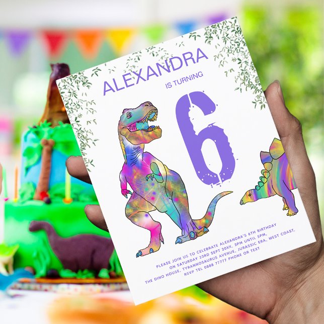Dinosaur Girls 6th Birthday Party Purple Budget (Dinosaur T-Rex and Stegosaurus jungle 5th birthday party purple budget invitation )