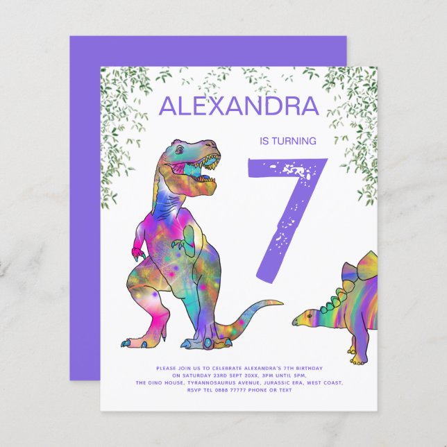 Dinosaur girls Birthday Party Budget purple (Front/Back)