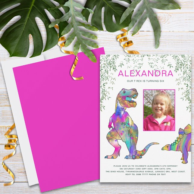 Dinosaur Girls Birthday Party Photo Invitation (Colorful dinosaur girls photo bright pink birthday party invitation T-Rex and stegosaurus )