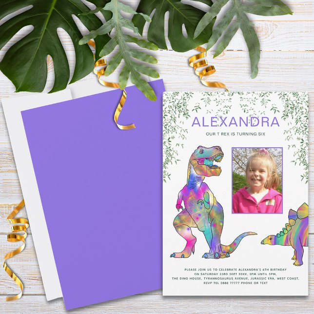 Dinosaur Girls Birthday Party Photo Purple Invitation (Colorful dinosaur girls photo birthday party invitation with T-Rex and stegosaurus purple pink blue)