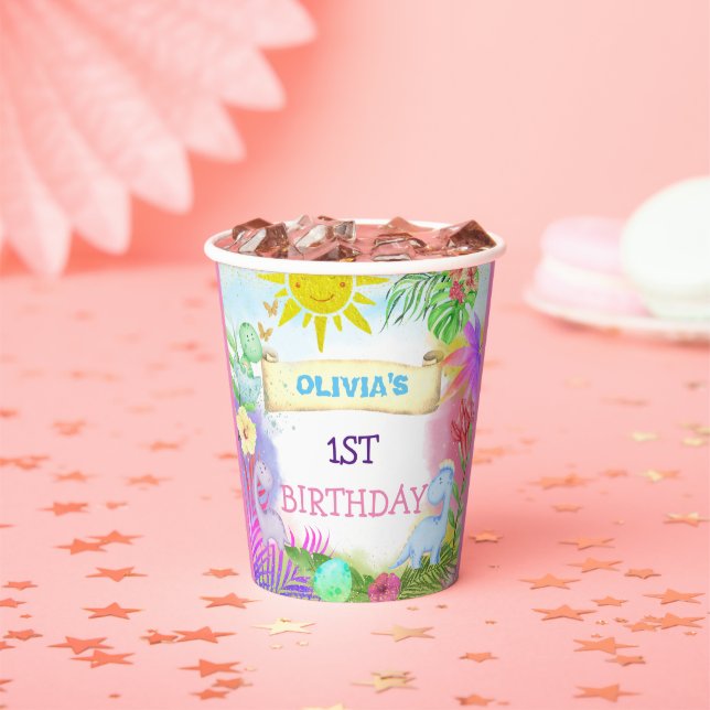 Dinosaur Girls Floral Glitter Birthday  Paper Cups (Insitu)