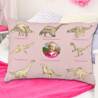 Dinosaur Girls Personalised Name and Photo Pink Decorative Cushion