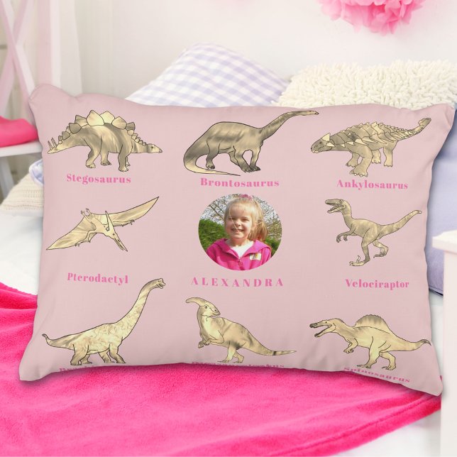 Dinosaur Girls Personalised Name and Photo Pink Decorative Cushion (Dinosaur girls personalized name and photo pink pillow Dinos with their names educational kids gift)