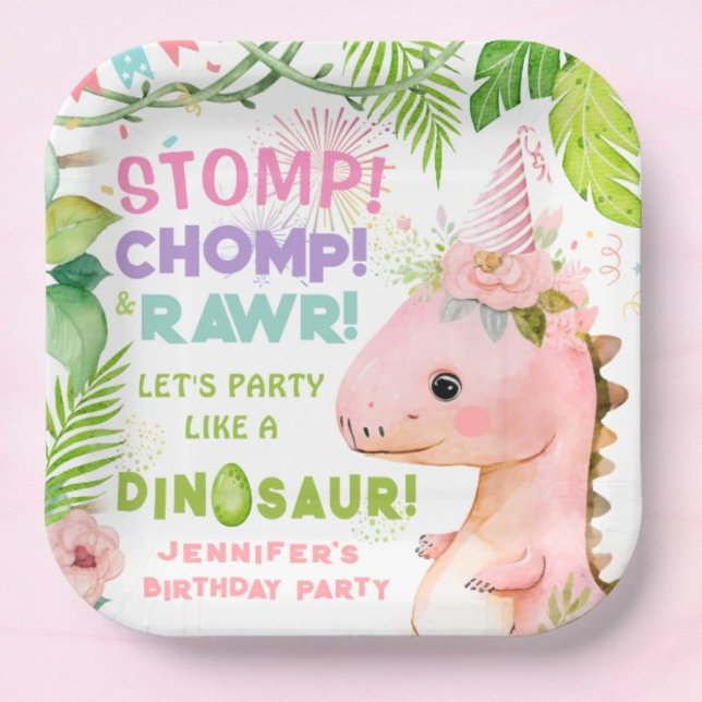 Dinosaur Girls Pink Birthday Party Paper Plates (Creator Uploaded)
