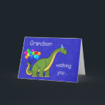 Dinosaur Grandson Birthday Card<br><div class="desc">A BIG birthday wish for Grandson on this card that has a blue background with swirls and a dinosaur with a party on and balloons on his tail with the words "Grandson,  wish you ... " and on the inside "a HUGE Happy Birthday."</div>