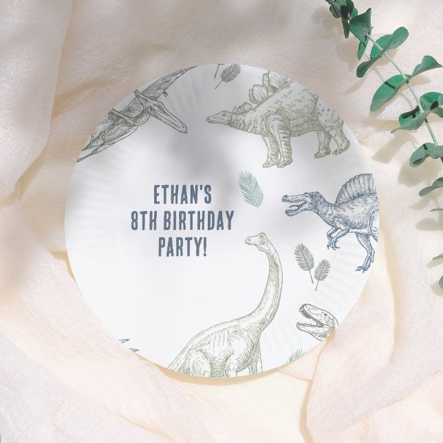 Dinosaur Green & Blue Birthday Party Paper Plate (Creator Uploaded)