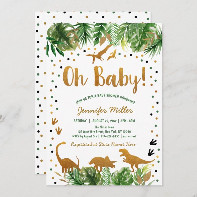 Dinosaur Green Gold Safari Baby Shower Invitation (Front/Back)