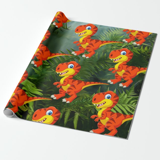 Dinosaur Green Jungle T Rex Kids Wrapping Paper (Unrolled)
