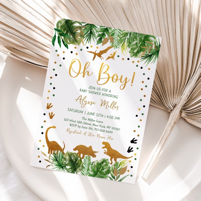Dinosaur Greenery Gold Baby Shower Invitation (Creator Uploaded)