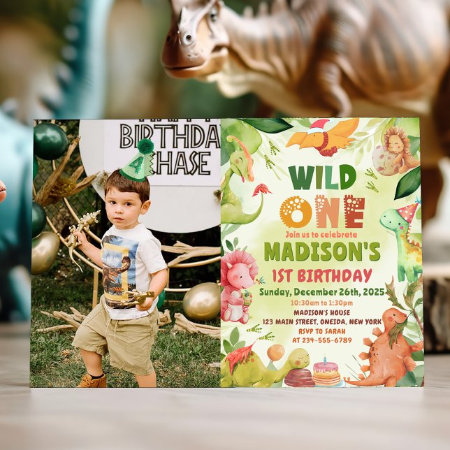 Dinosaur Greenery Wild One 1st Birthday Photo Invitation (Creator Uploaded)