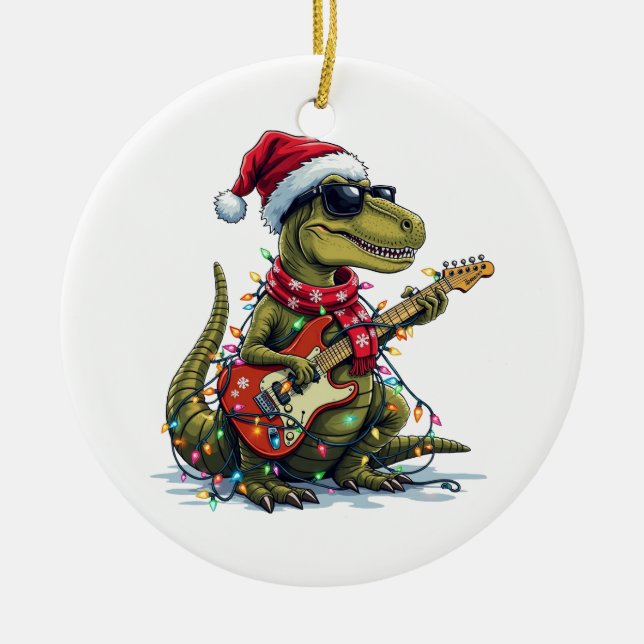 Dinosaur Guitar Player Xmas Ceramic Tree Decoration (Front)