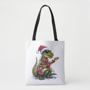 Dinosaur Guitar Player Xmas Tote Bag