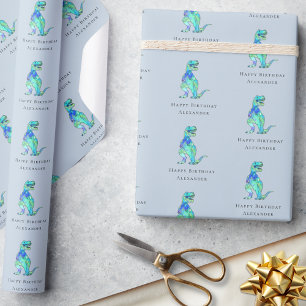 Dinosaur Happy Birthday Personalised Boy Blue Wrapping Paper
