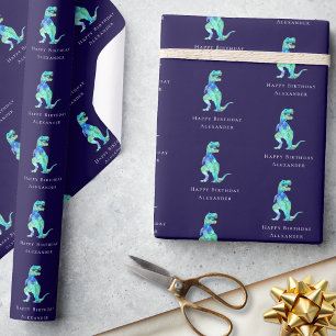 Dinosaur Happy Birthday Personalised Boy Navy Blue Wrapping Paper