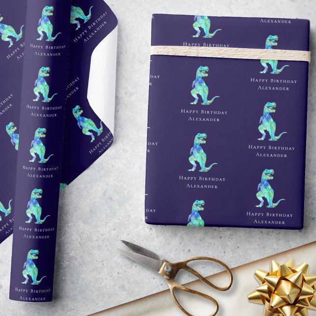 Dinosaur Happy Birthday Personalised Boy Navy Blue Wrapping Paper (Personalized boy dinosaur happy birthday navy blue gift wrapping paper Colorful watercolor T-Rex)