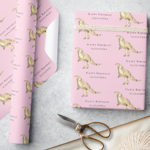 Dinosaur Happy Birthday Personalised Girl Name Wrapping Paper