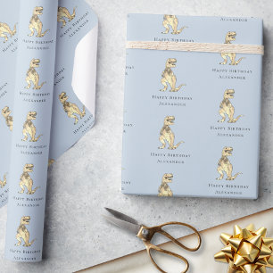 Dinosaur Happy Birthday Personalized Blue Wrapping Paper