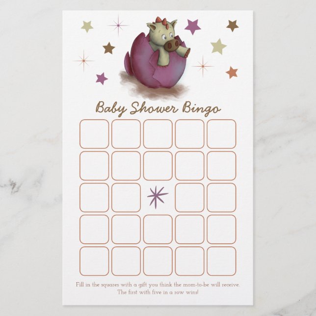 Dinosaur Hatching Pink Baby Shower Bingo Card (Front)