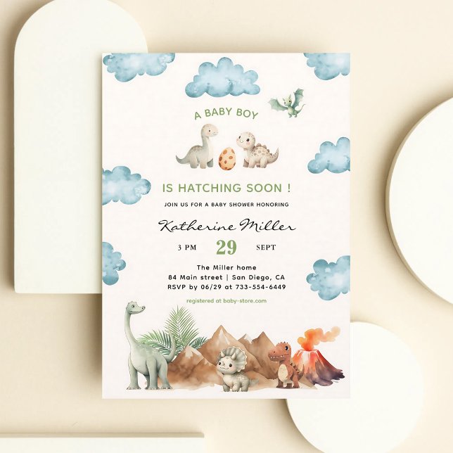 Dinosaur Hatching Soon Baby Boy Shower Invitation (Creator Uploaded)