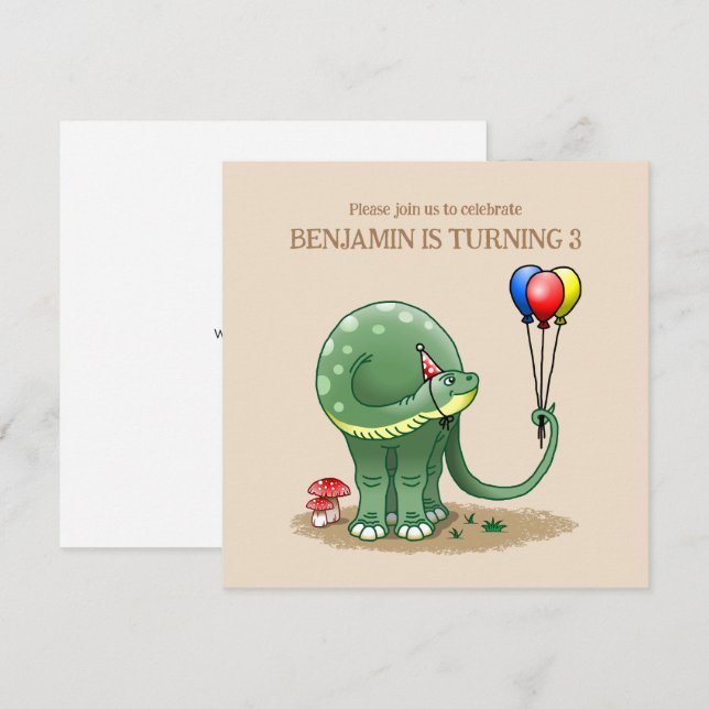 Dinosaur holding Balloons Birthday Invitation (Front/Back)