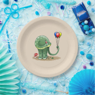 Dinosaur holding Balloons Birthday Paper Plate