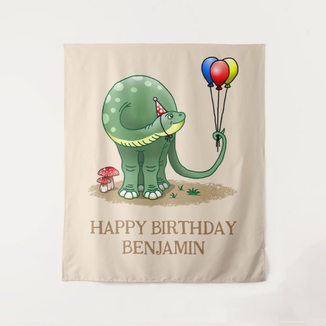 Dinosaur holding Balloons Birthday Tapestry (Front)