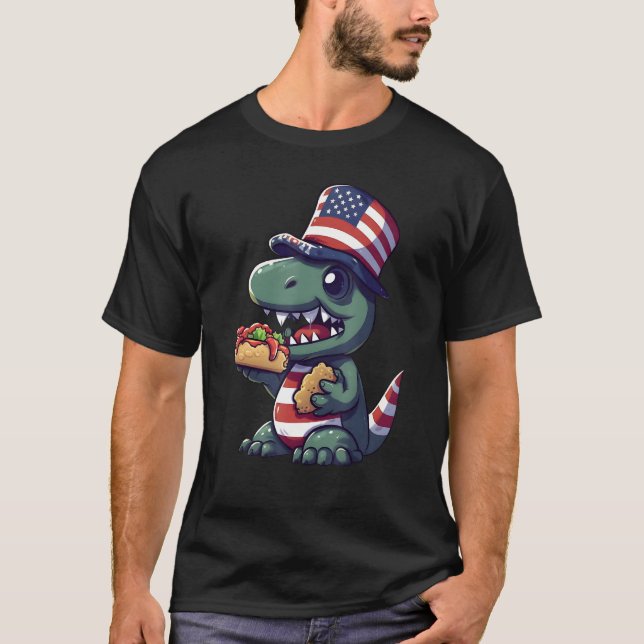 Dinosaur Hot Dog 4th of July USA Flag Kids Boys Pa T-Shirt (Front)