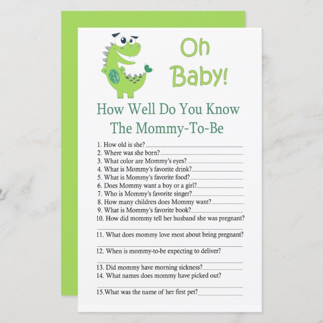 Dinosaur How well do you know baby shower game (Front/Back)