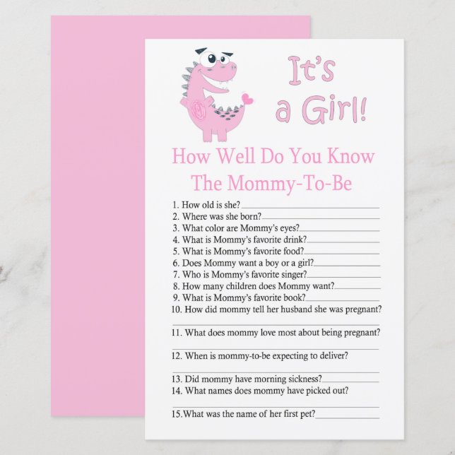 Dinosaur How well do you know baby shower game (Front/Back)