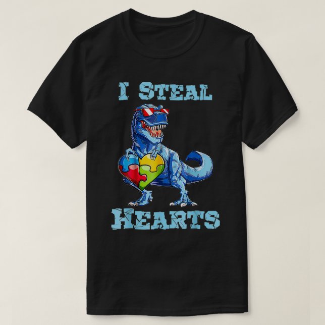 Dinosaur I Steal Hearts Autism Awareness Valentine T-Shirt (Design Front)