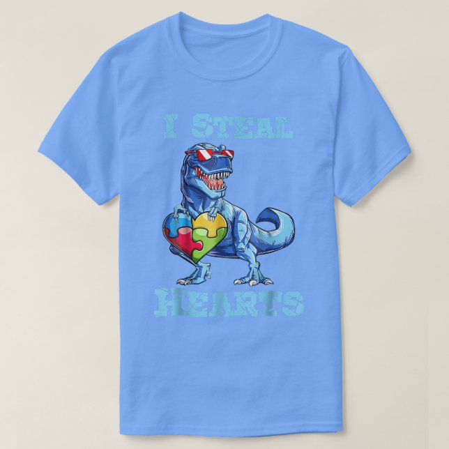 Dinosaur I Steal Hearts Autism Awareness Valentine T-Shirt (Design Front)