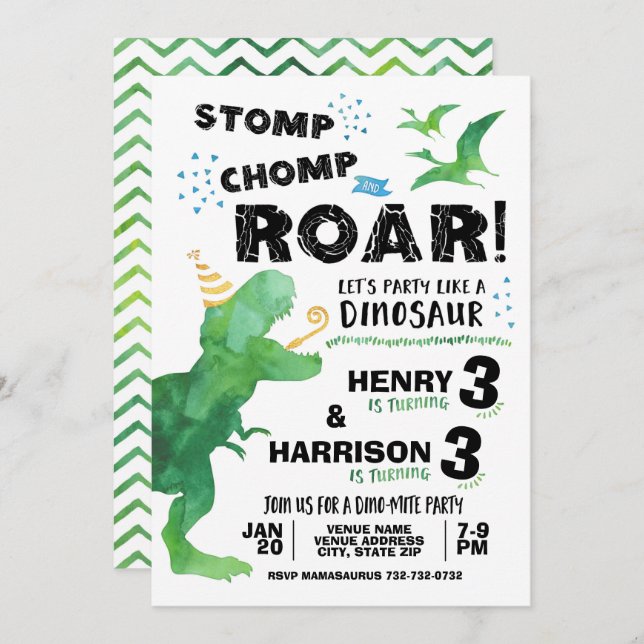 Dinosaur Invitation for Two Birthdays (Front/Back)