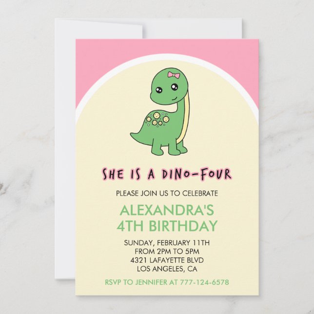 dinosaur invitations girl 4th birthday pink cute (Front)