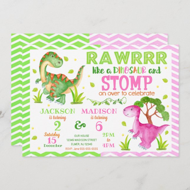 Dinosaur Joint Birthday Invitation for Boy & Girl (Front/Back)
