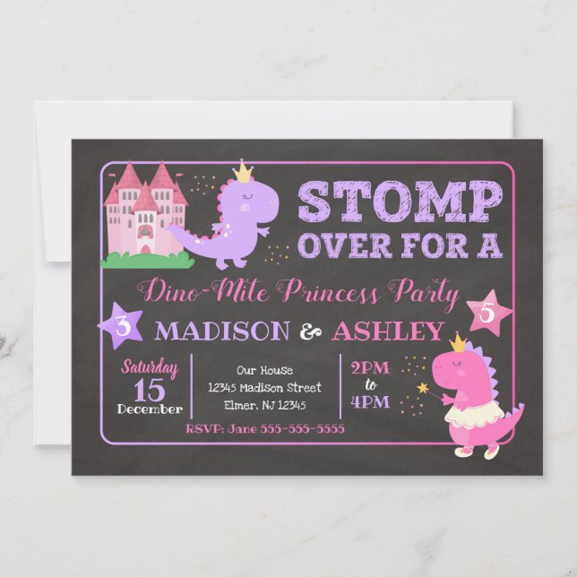 Dinosaur Joint Birthday Invitation for Girls (Front)