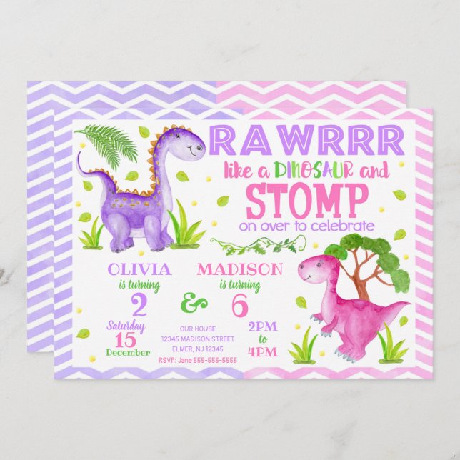 Dinosaur Joint Birthday Invitation for Girls (Front/Back)