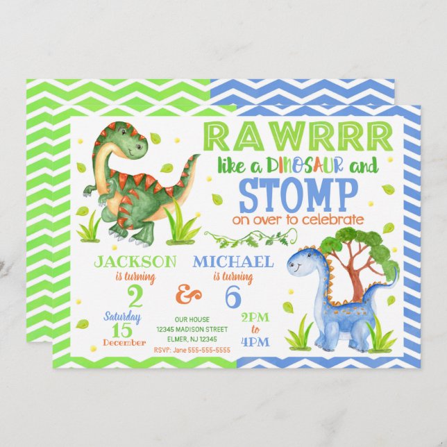 Dinosaur Joint Birthday Invitation for Siblings (Front/Back)