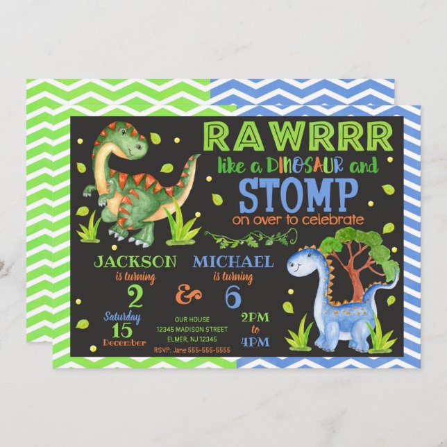 Dinosaur Joint Birthday Invitation for Siblings (Front/Back)