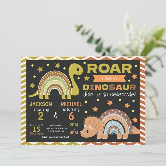 Dinosaur Joint Birthday Invitation for Siblings (Standing Front)