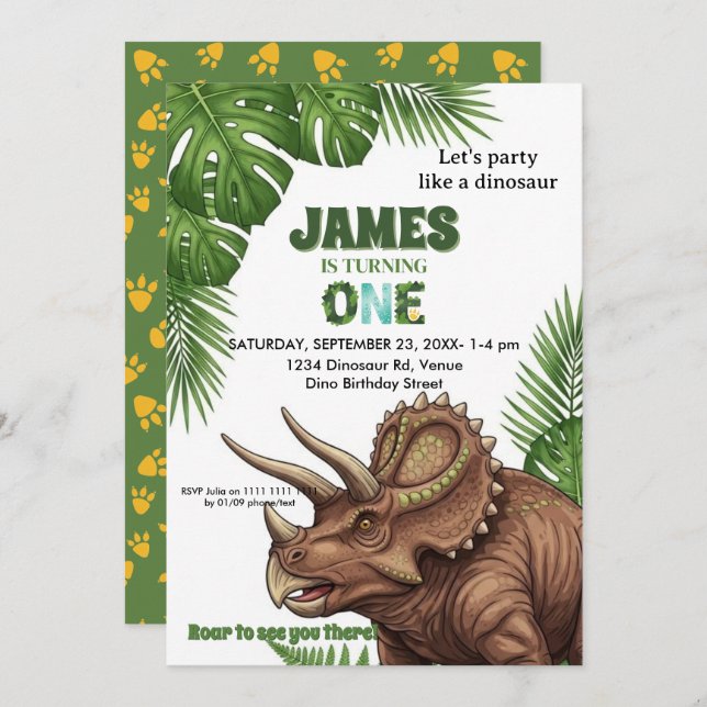 Dinosaur Jungle 1st Birthday Invitation  (Front/Back)