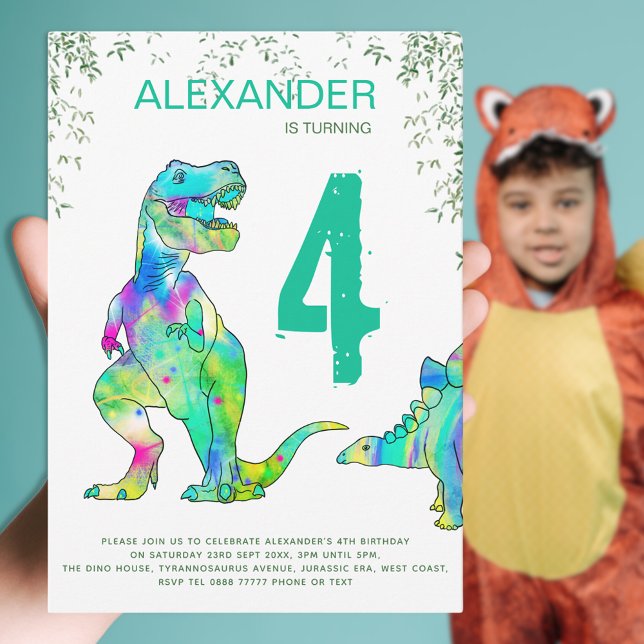 Dinosaur jungle 4th Birthday Party Invitation (Dinosaur T-Rex 4th birthday party party colorful dino Jurassic jungle watercolor green and blue)
